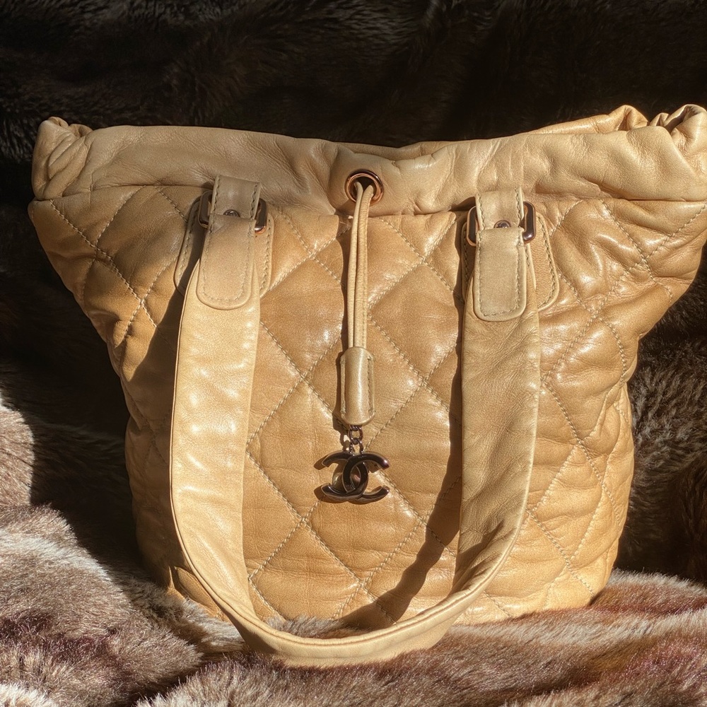 Certified Chanel North South Cloudy Bundle Quilted Beige Lambskin Rose Gold HW.